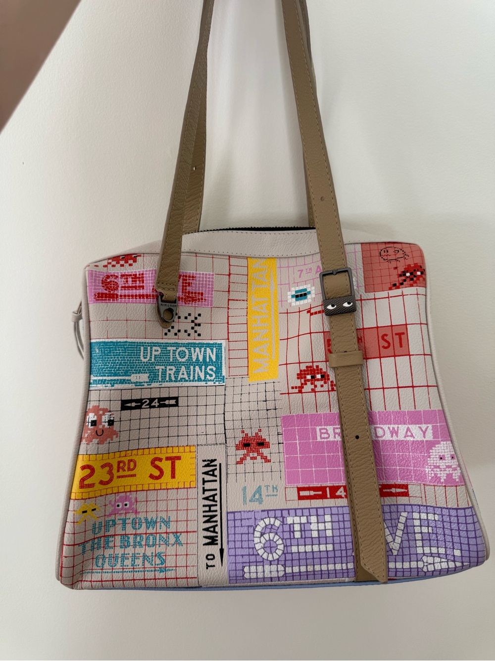 Min & Mon Colorful Grid-Print Shoulder Bag with Tan Straps